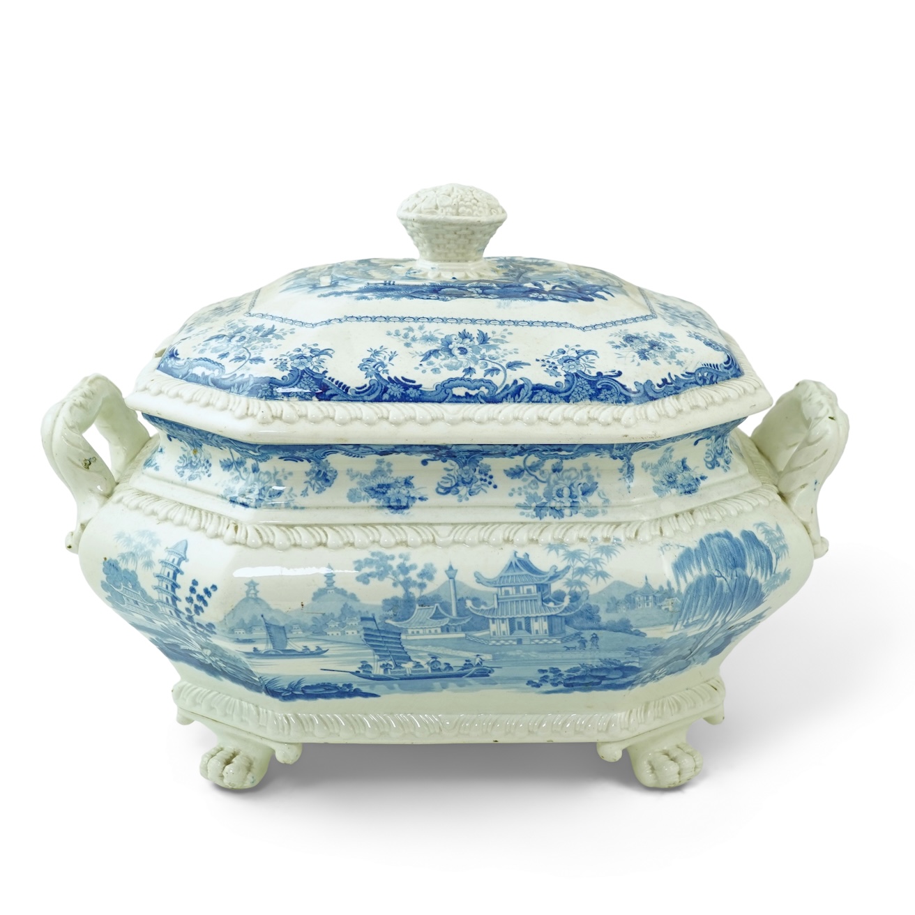 A large Staffordshire blue and white Chinese Marine pattern soup tureen, mid 19th century